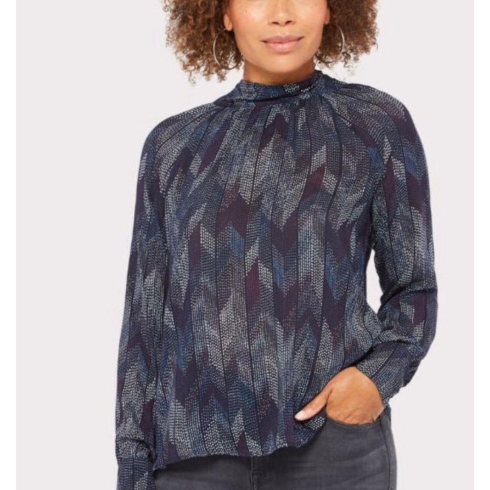 Cloth & Stone Anthropologie Blue Dotted Herringbone Bow Back Blouse Size XS
